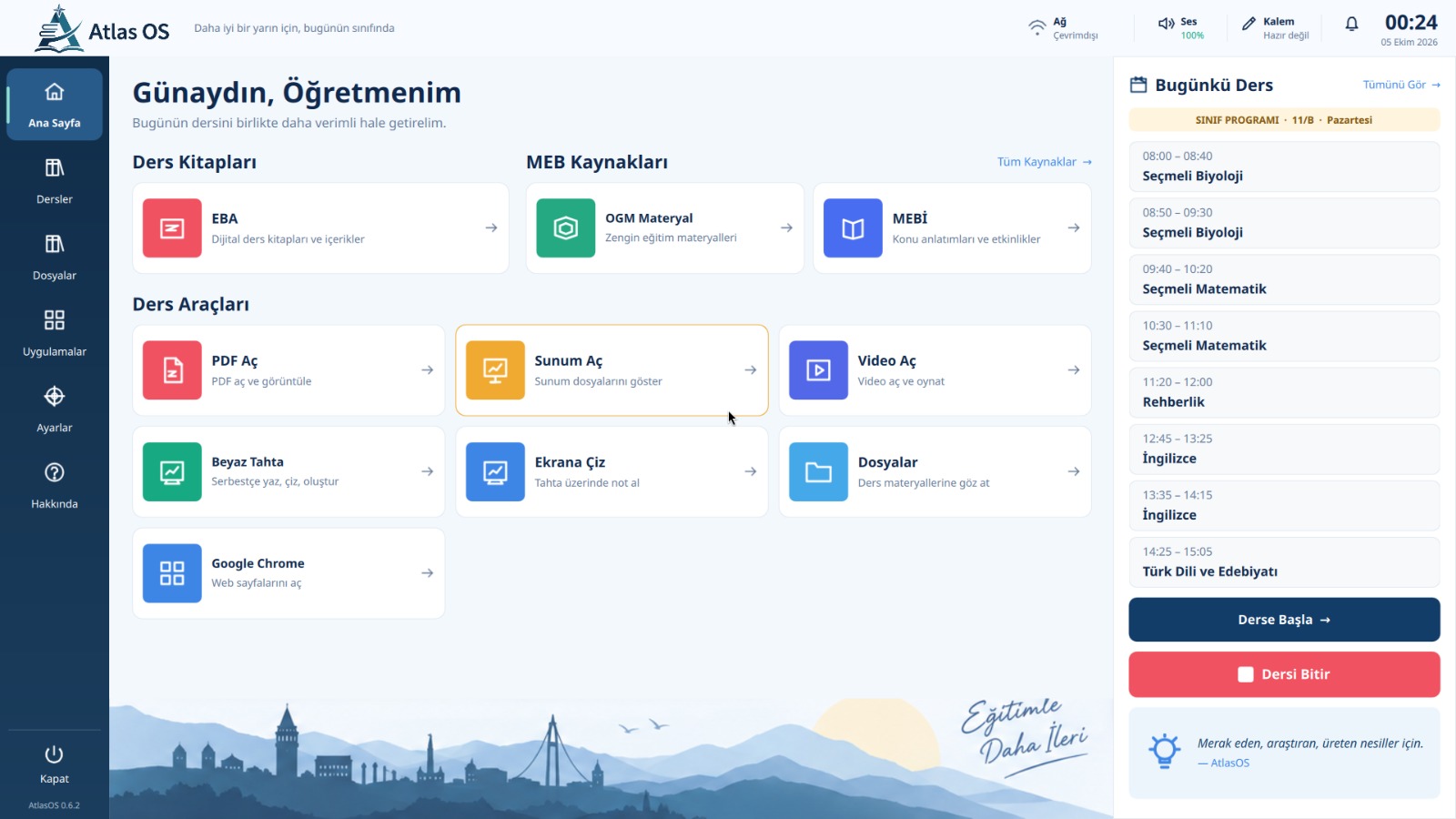 AtlasOS 0.6.2 desktop with classroom navigation, lesson tools, system status, and lesson schedule